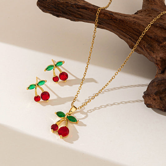 Dignified Rhinestone Cherry Pendant Necklace & Earrings